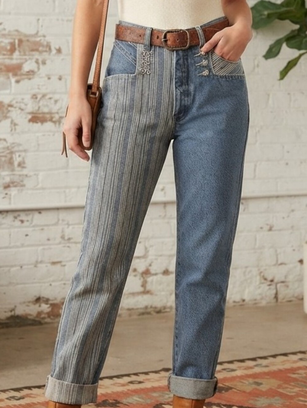 Western Ethics Vintage Blue Denim Striped High Rise Mom Jeans Silver Heart Butto